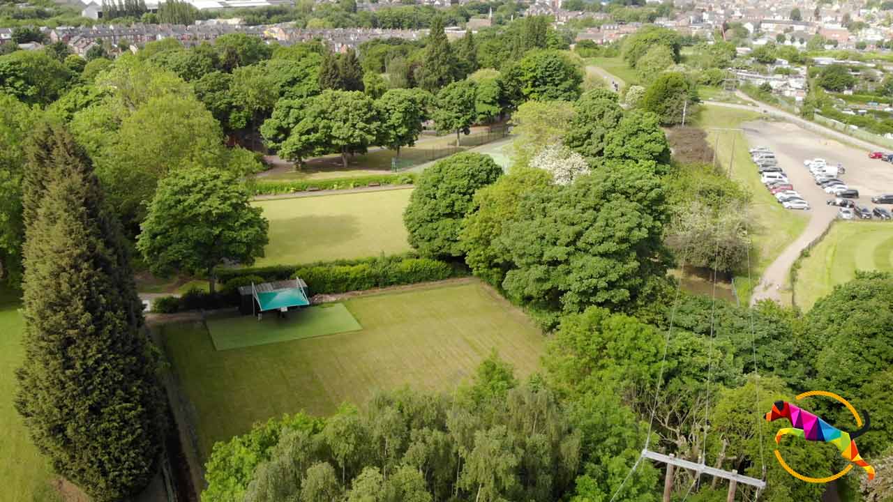 Aerial drone photo of our Sheffield training centre showing the main site office, canopy and training area