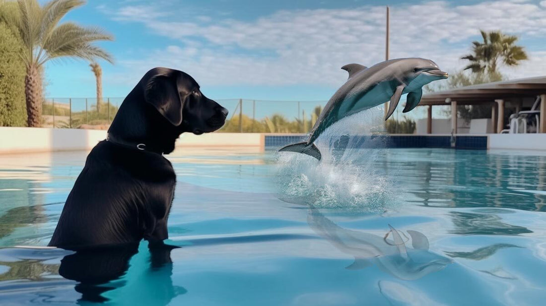 How clicker training might not be what you originally thought. Dog sitting at the side of a pool watching a dolphin as it leaps out of the water.