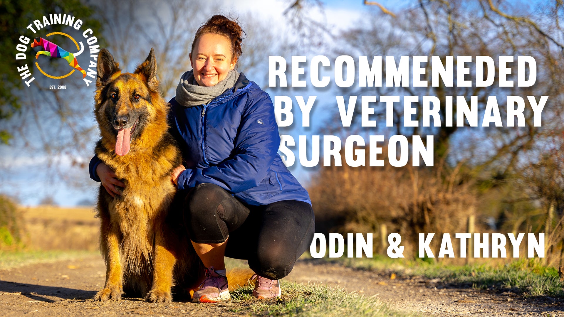 Load video: photo of veterinary surgeon, Kathryn Barnes, crouching down next to her German Shepherd, Odin. This is the thumbnail for Kathryn&#39;s testimonial about how our training transformed Odin&#39;s behaviour.